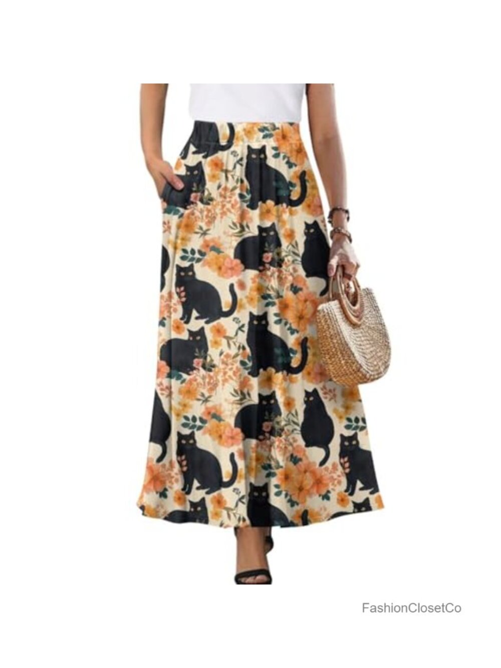 Women's Pleated High Waist Flowy A-Line Long Skirt with Pockets